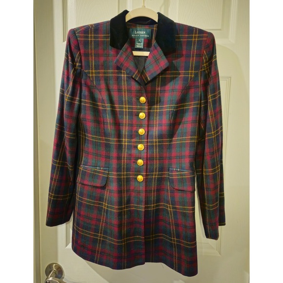 Lauren Ralph Lauren Plaid Wool Blazer Jacket Velvet Trim Gold Buttons Sz 4 - Picture 1 of 10